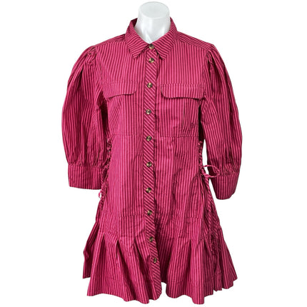 NEW Anthropologie Damson Madder Maisie Pink Striped Ruffle Mini Shirt Dress 14