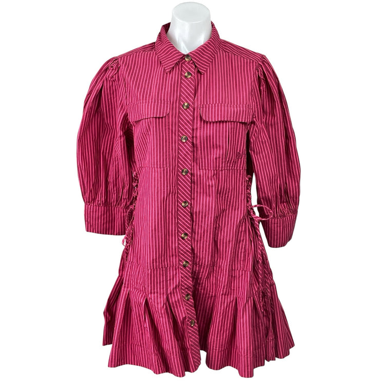 NEW Anthropologie Damson Madder Maisie Pink Striped Ruffle Mini Shirt Dress 14