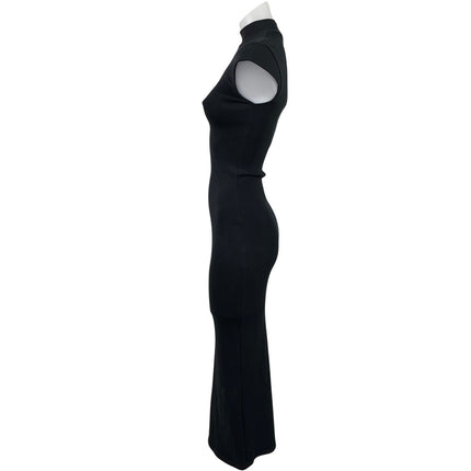 Zara Women's Black Ribbed Knit Mock Neck Short Cap Sleeve Midi Bodycon Dress S