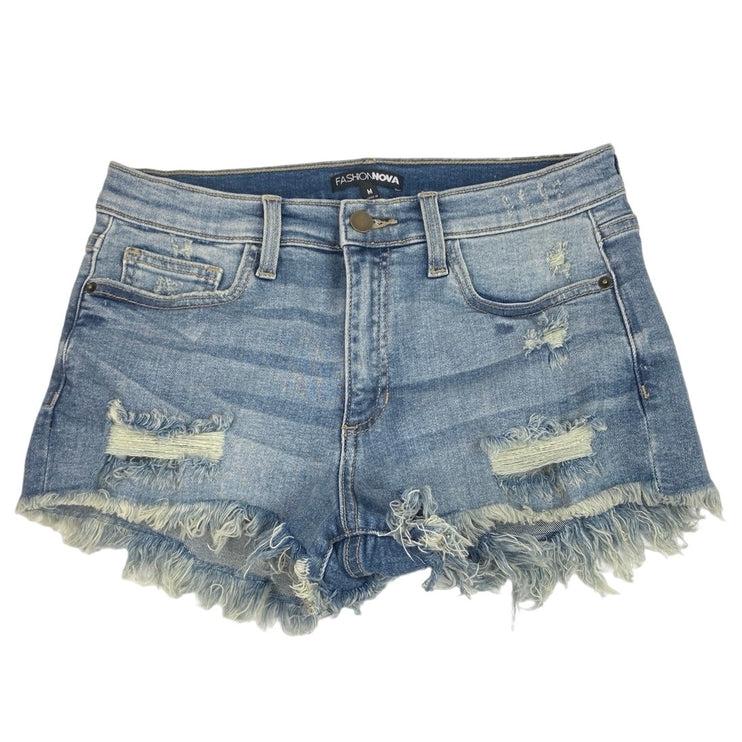 Fashion Nova Blue Denim Mid Rise Distressed Frayed Raw Hem Jean Walk Shorts Sz M