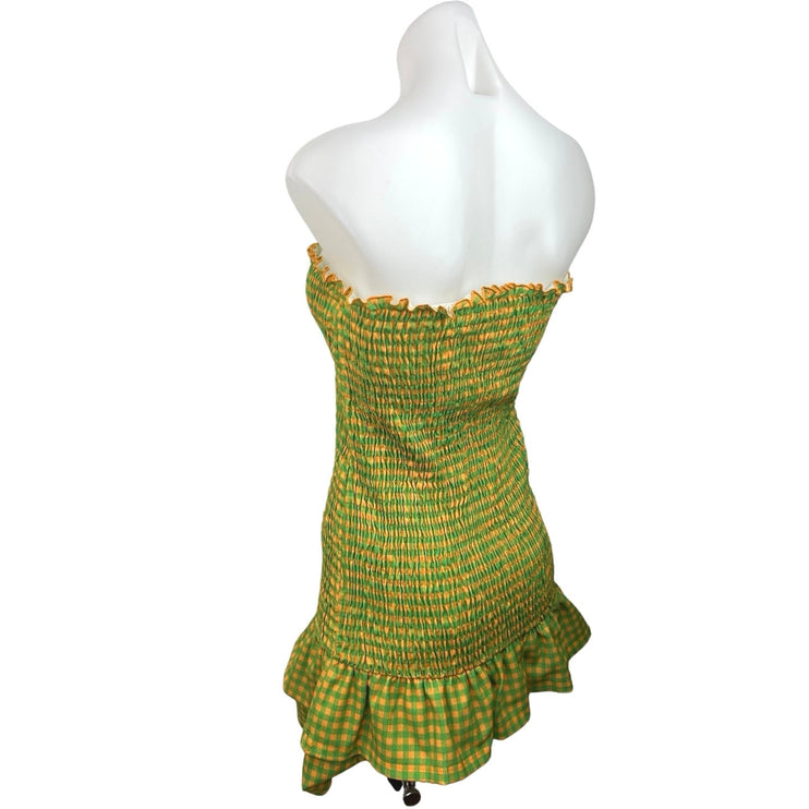 Asos Design Green Gingham Smocked Strapless Ruffle Hem Mini Drop Waist Dress 6