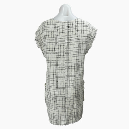 Zara White Black Plaid Short Sleeve Frayed Ruffle Tweed Mini Shift Dress Size S
