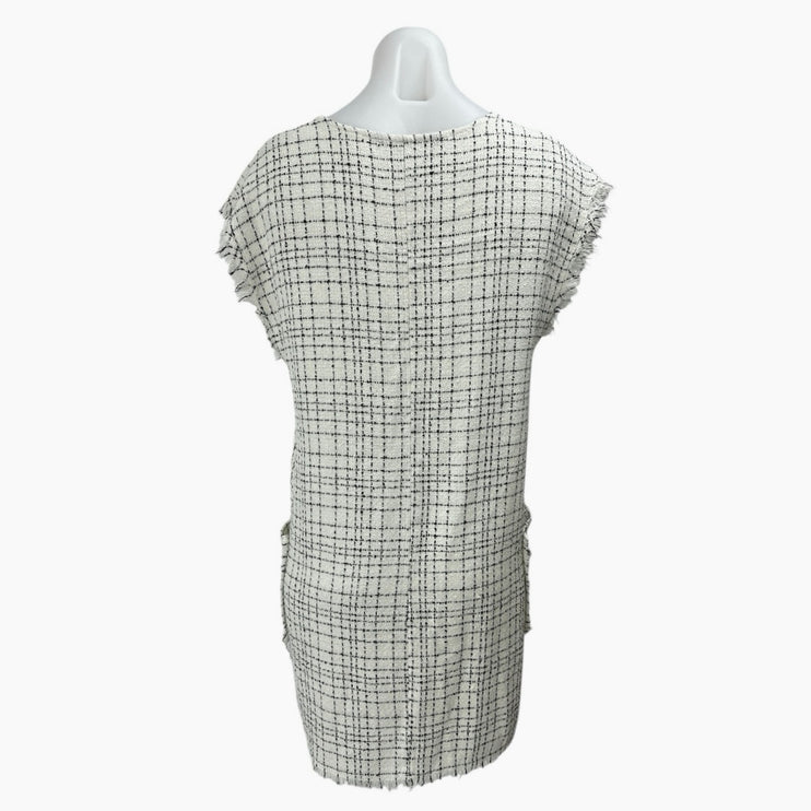 Zara White Black Plaid Short Sleeve Frayed Ruffle Tweed Mini Shift Dress Size S