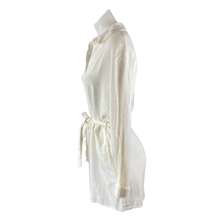L Space White Collared Long Sleeve Belted Button Down Shirt Jumpsuit Romper Sz L