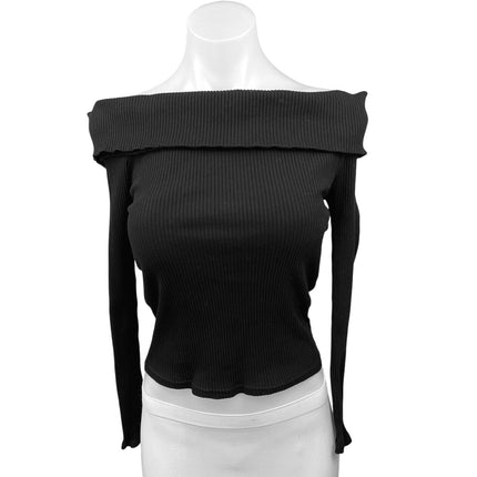 Emory Park Black Off Shoulder Open Cutout Back Ribbed Knit Crop Sweater Top L