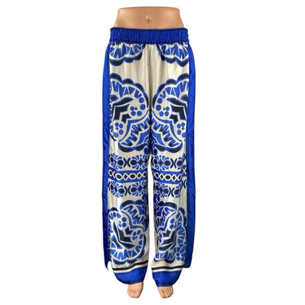 Zara Women's Blue White Abstract High Rise Baggy Wide Leg Trousers Pants Size M