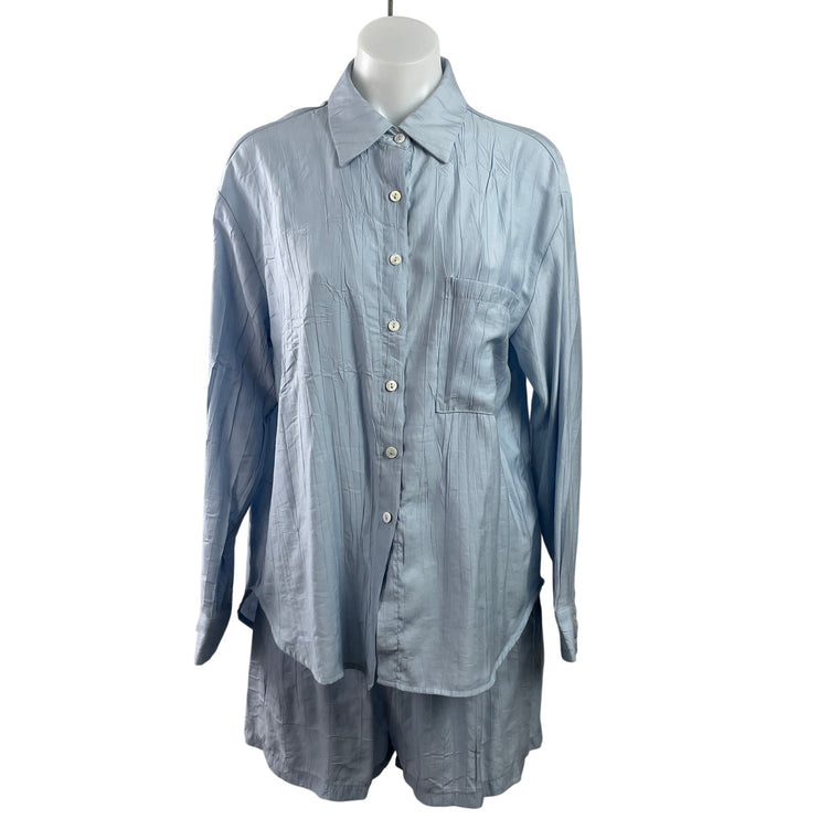Cider Womens Blue Crinkled Long Sleeve Button Down Shirt & Shorts Set Size XXS