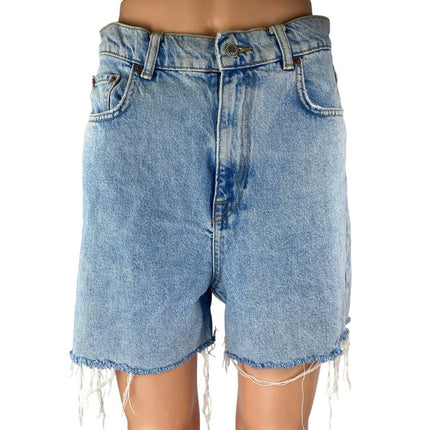 Zara Women's Blue High Waisted Raw Hem Boyfriend Bermuda Denim Jean Shorts 4