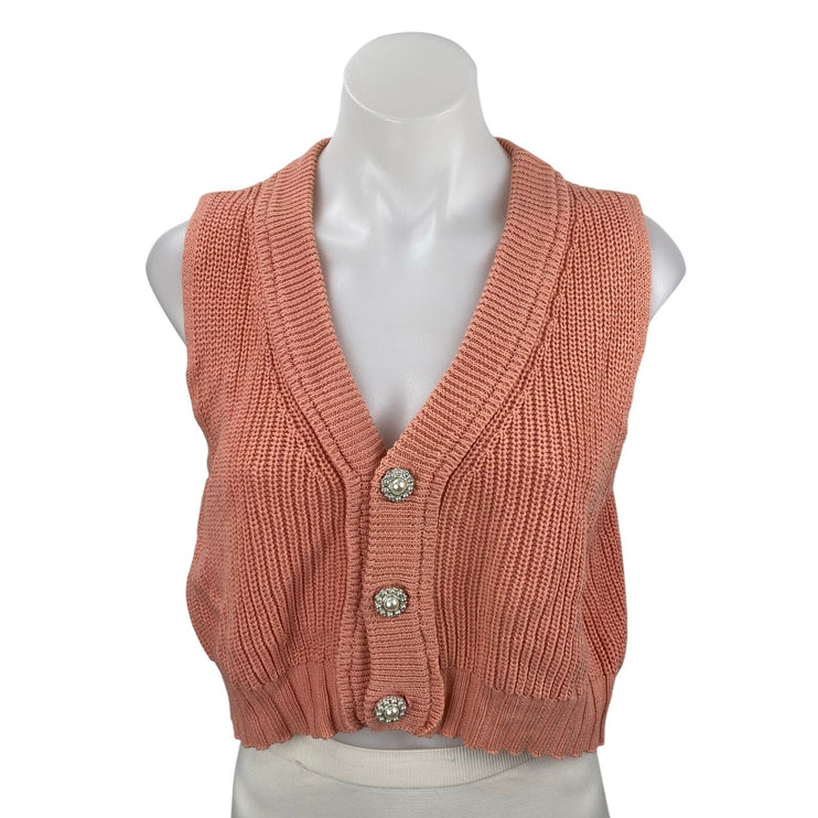 Double Zero Coral Ribbed Knit Sleeveless Button Up Vest Cardigan Sweater Top S