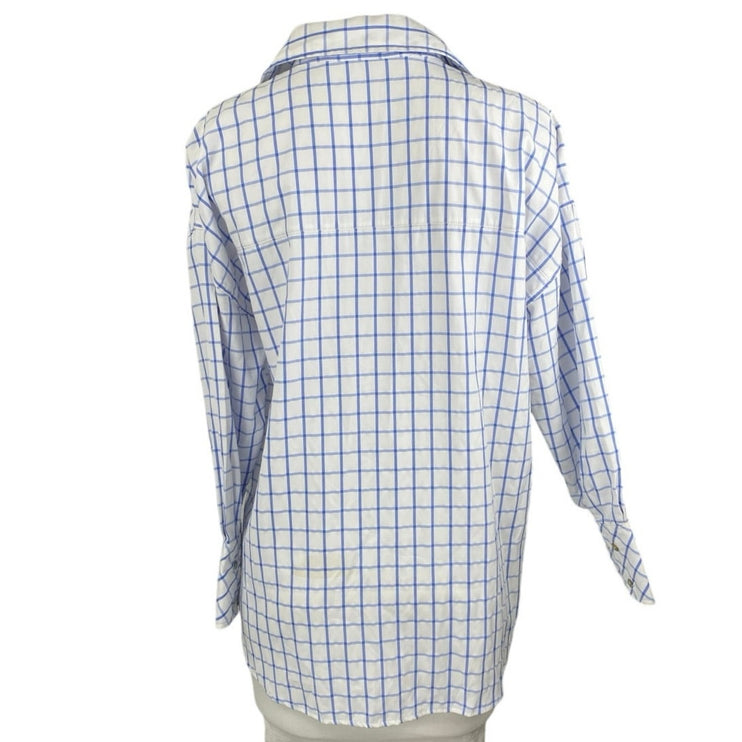 Zara Women's White Blue Checkered Long Sleeve Button Up Oversized Shirt Top XS