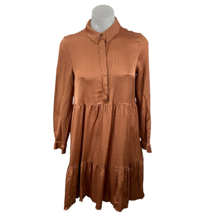Zara Women's Brown Long Sleeve Button Front Tiered A Line Mini Dress Size XS