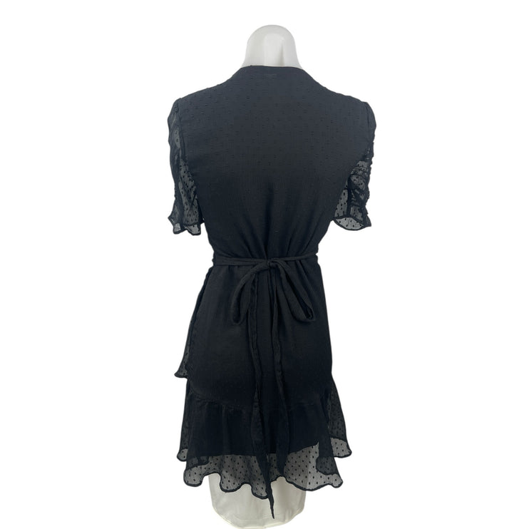 AllSaints Sienna Clip Dot Black Mesh Tulle Ruffle Puff Sleeve Mini Wrap Dress 6