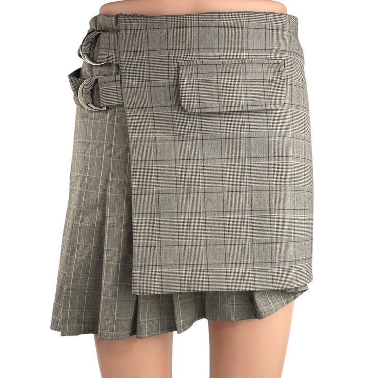 Zara Gray Plaid High Waisted Wrap Zip Pleated Pocket A Line Mini Skirt Size XS