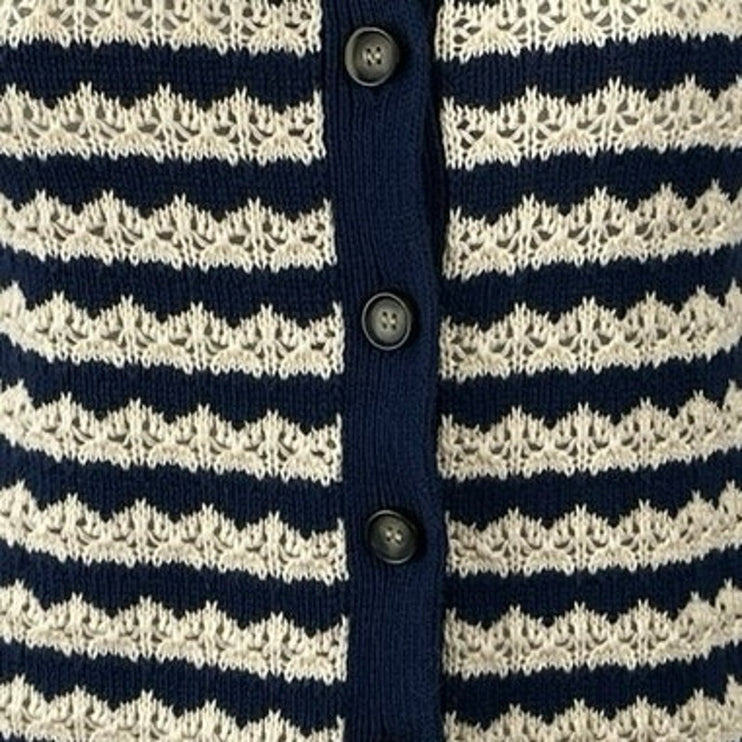 Lush Stripe Crochet Collared Short Sleeve Button Up Shirt Cardigan Sweater Top M