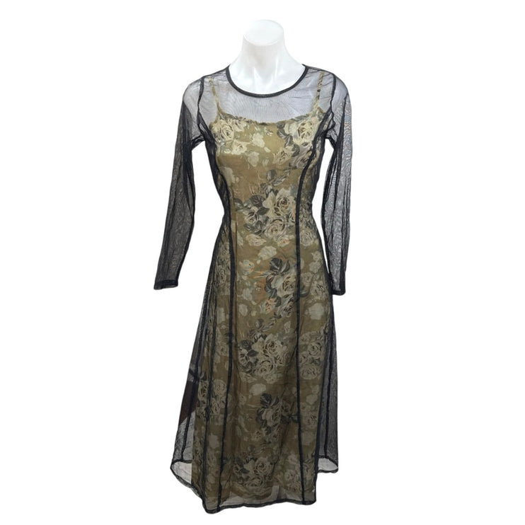 Vintage Karloza Black Beige Long Sleeve Mesh Overlay Floral A Line Maxi Dress 6