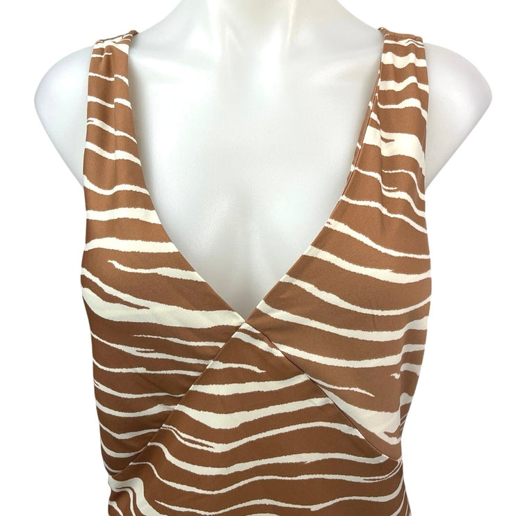 A New Day Brown White Striped Zebra Deep V Sleeveless Slip Midi Dress Size L