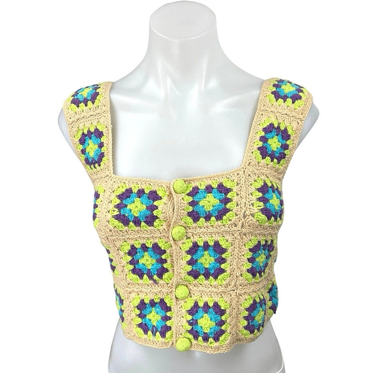 Zara Multicolor Sleeveless Floral Crochet Knit Button Sweater Crop Tank Top Sz S