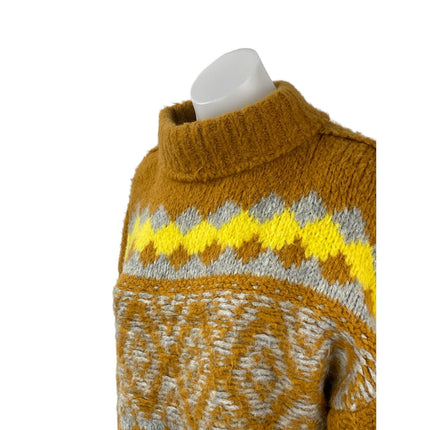 Free People Alpine Tan Wool Argyle Ribbed Mock Neck Cropped Sweater Top Size XS