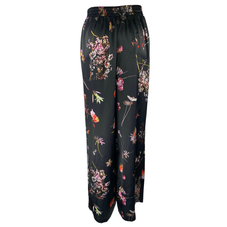Victoria's Secret Black Silky Satin Floral Pleated Wide Leg Trousers Pants Sz XS