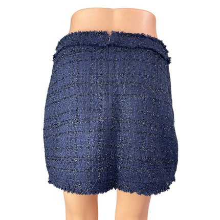 Alythea Women's Blue Tweed Frayed Hem Mid Rise Slim Button Mini Straight Skirt M