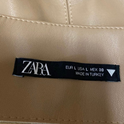 Zara Tan Faux Leather Vegan High Waisted Moto Biker Zip A Line Mini Skirt Size L