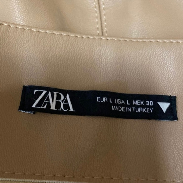 Zara Tan Faux Leather Vegan High Waisted Moto Biker Zip A Line Mini Skirt Size L