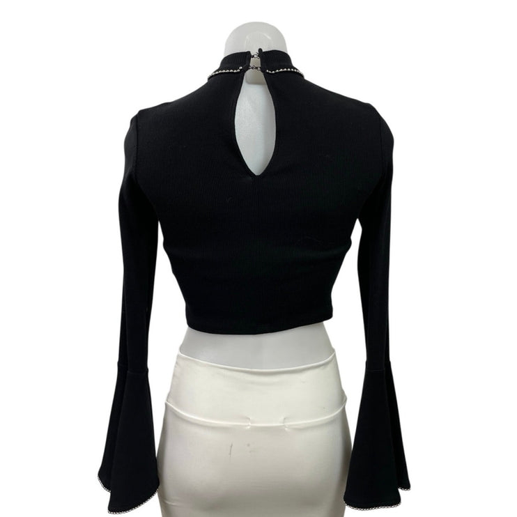 Topshop Women's Black Ribbed Knit Mock Neck Long Bell Sleeve Crop Top Size S