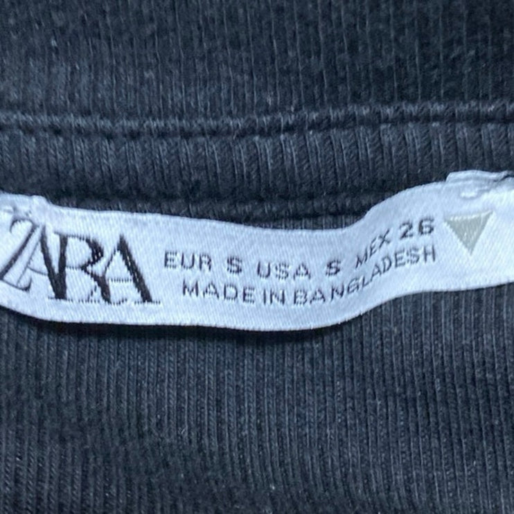 Zara Women's Black Rib Knit Ruffle Flutter Short Sleeve Crop Blouse Top Size S