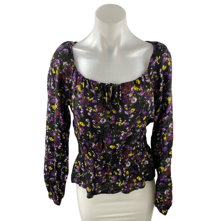 Paige Black Floral Long Sleeve Scoop Neck Tie Smocked Peplum Blouse Top Size S