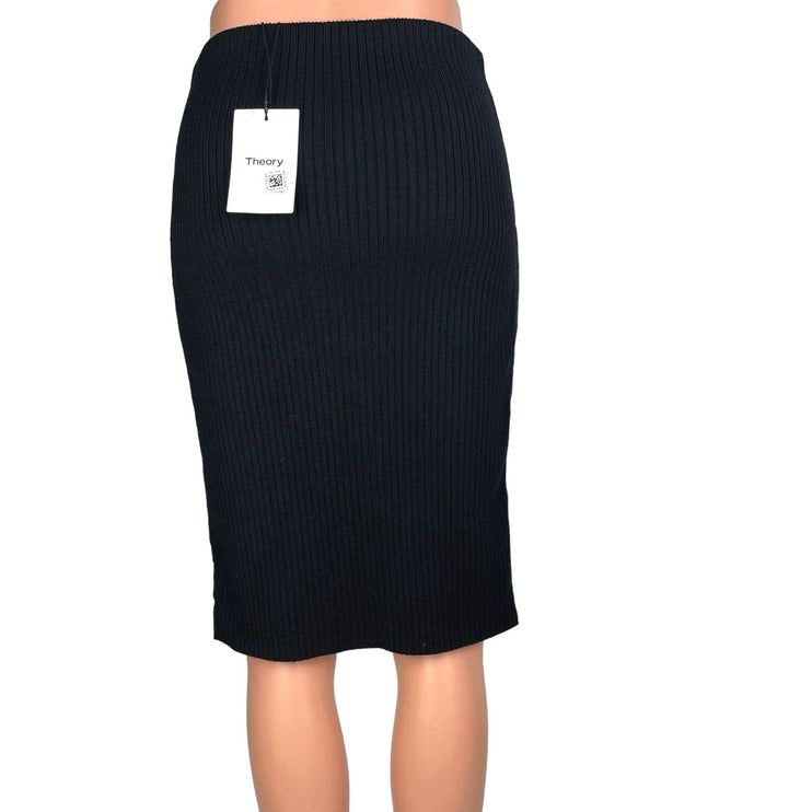 Theory NWT $495 Black Leather Ribbed Merino Wool Pencil Straight Midi Skirt XSP