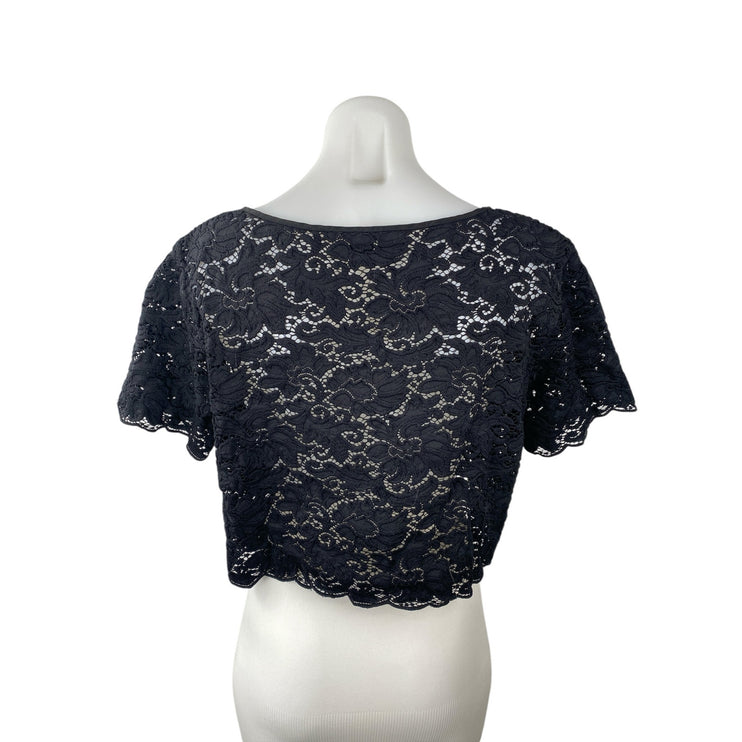 Club Monaco Black Floral Lace Sheer Crew Neck Short Sleeve Crop Blouse Top Sz M