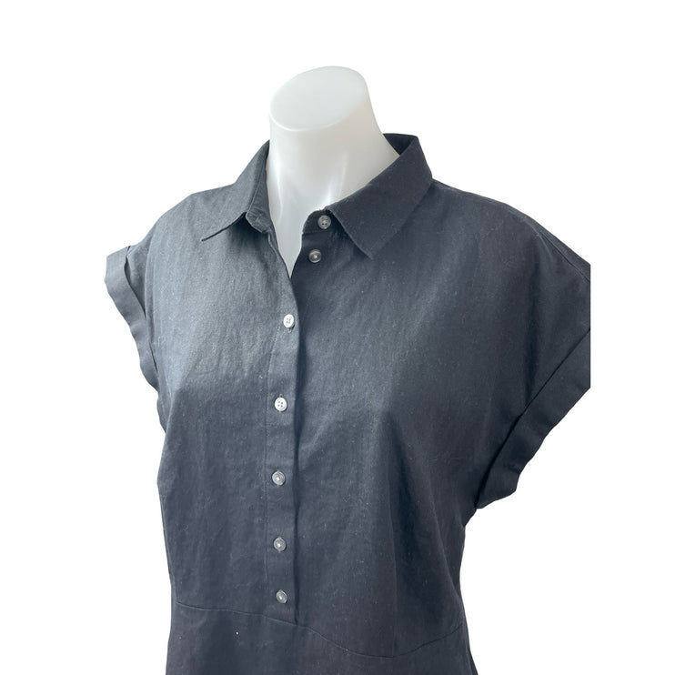 NEW Gap Black Linen Short Drop Sleeve Button Front Collared Mini Shirt Dress L