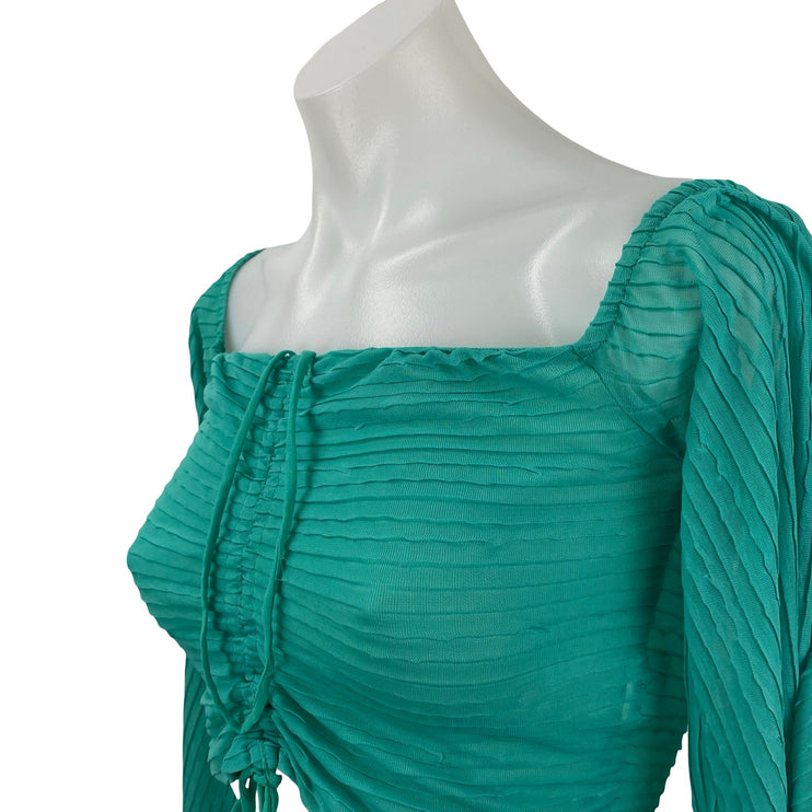 Zara Women's Green Teal Long Sleeve Pleated Tie Ruched Blouse Crop Top Size M