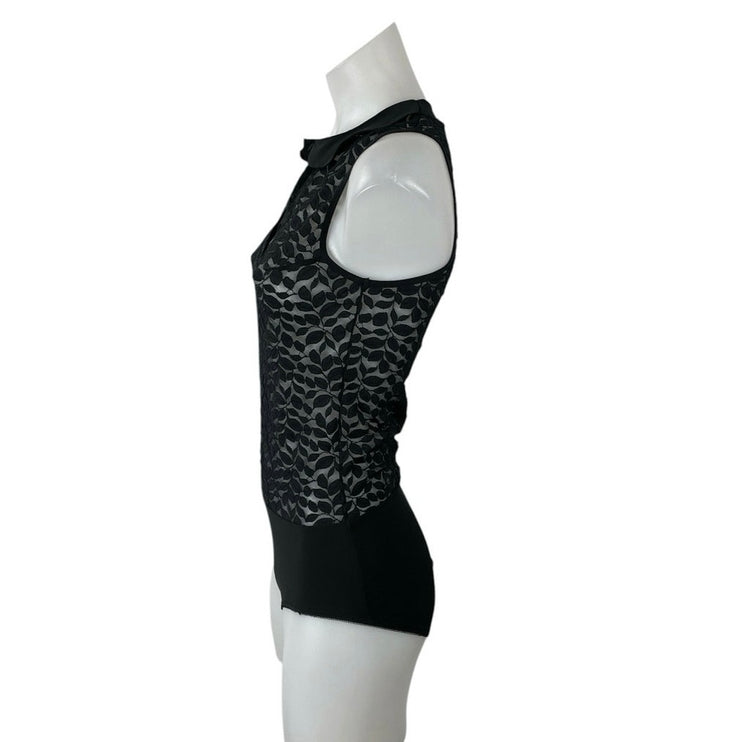 Women's Black Leaf Lace Mesh Sheer Sleeveless Collared Shirt Bodysuit Top Size 6
