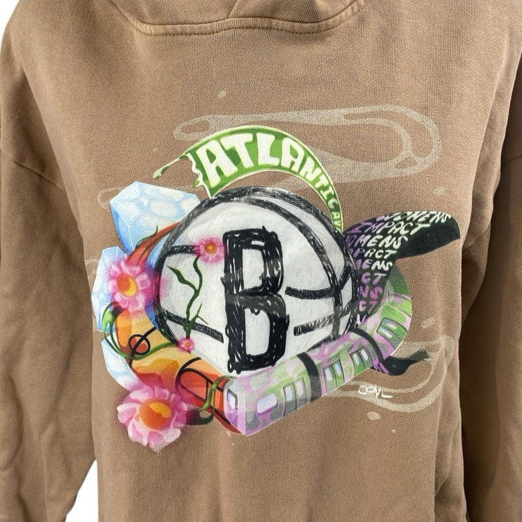 Cross Over Brown Fraphic Print Long Sleeve Hoodie Hooded Sweater Sweatshirt Sz L
