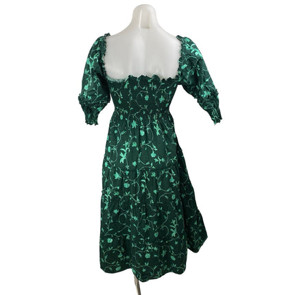 Hill House Nesli Green Botanical Smocked Tiered Midi Nap Flare A-Line Dress XXS