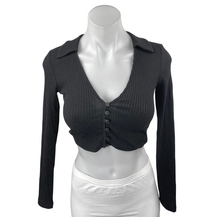 Princess Polly Black Ribbed Knit Long Sleeve Button Up Polo Crop Top Size 0