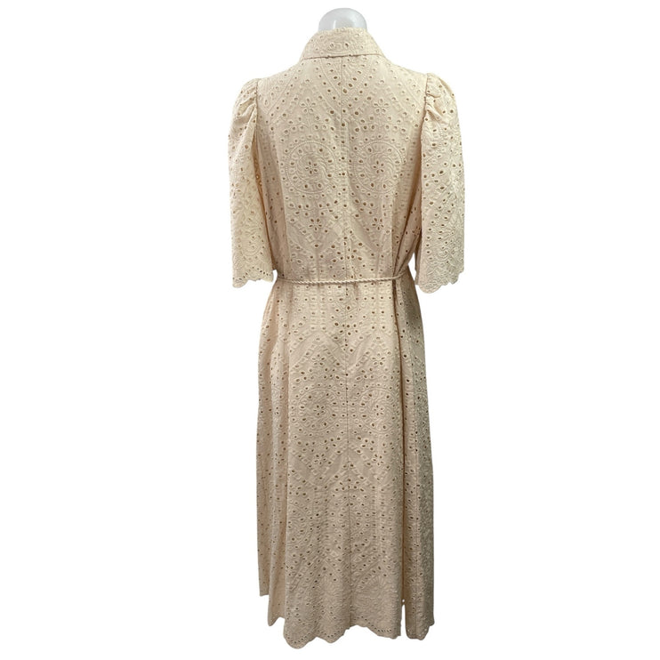 H&M Cream Eyelet Short Puff Sleeve Collared Button Dowm Maxi Shirt Dress Size M