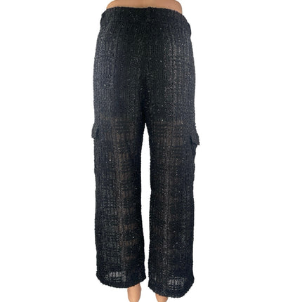 Religion Black Metallic Tweed Knit Straight High Waist Cargo Trousers Pants Sz M