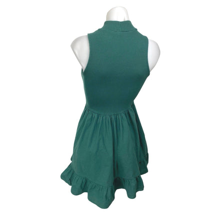 Zara Green Sleeveless Ribbed Knit Turtleneck Ruffle Fit & Flare Mini Dress Sz S