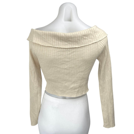 Tic Toc Cream Rib Knit Keyhole Cut Out Long Sleeve Boat Neck Crop Sweater Top M