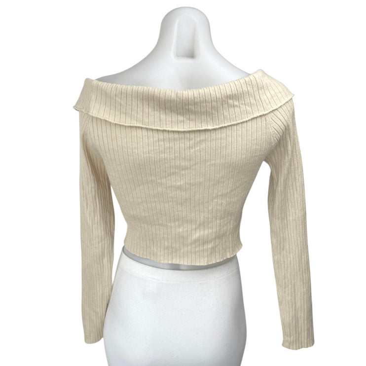 Tic Toc Cream Rib Knit Keyhole Cut Out Long Sleeve Boat Neck Crop Sweater Top M