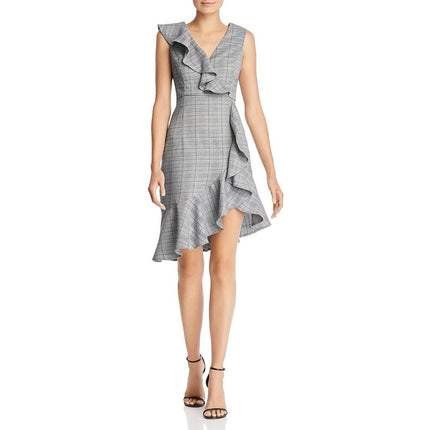 Aqua Gray Plaid Tartan Sleeveless Ruffle Asymmetric V Neck Mini Sheath Dress S