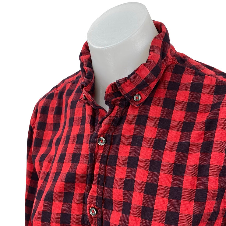 MNG Mango Women's Red Black Gingham Check Long Sleeve Button Up Shirt Top Size S