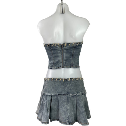 By DYLN Blue Strapless Bandeau Tube Crop Top Pleated Skirt Denim Jean 2 Pc Set S