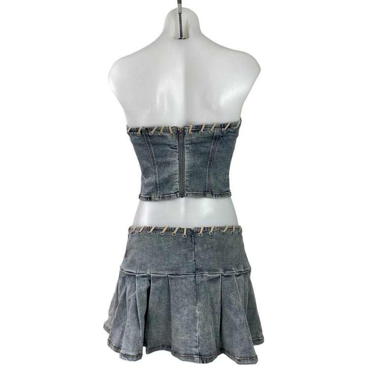 By DYLN Blue Strapless Bandeau Tube Crop Top Pleated Skirt Denim Jean 2 Pc Set S