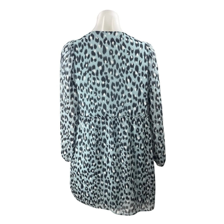 Loft Women's Blue Leopard Print V Neck Long Sleeve Mini Flare A-Line Dress Sz XS