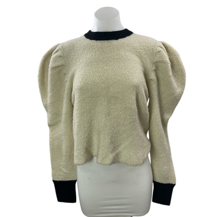 Autumn Cashmere Beige Black Crew Neck Long Puff Sleeves Crop Sweater Top Sz M/L