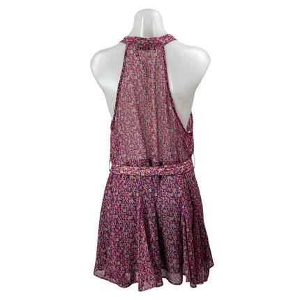 Zara Women's Pink Floral Sleeveless Tie Waist Sheer Halter A-line Mini Dress XL