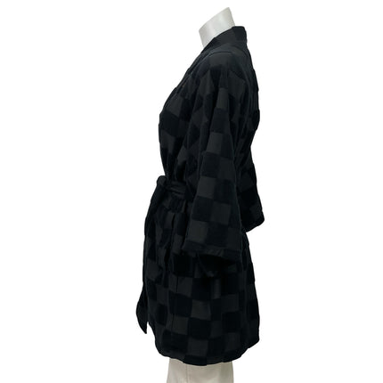 XSET Black Gray Plaid Checkered 3/4 Sleeves Belted Waist Open Front Robe Size S